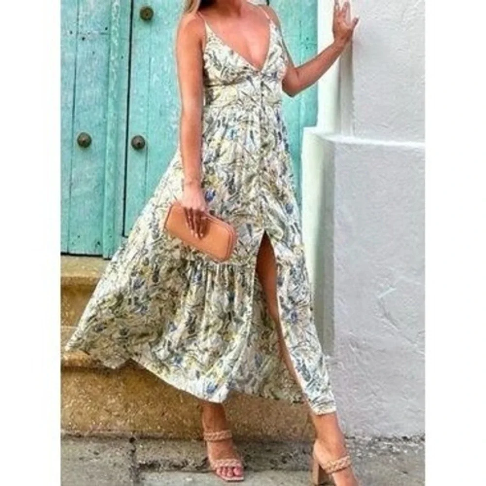Abercrombie & Fitch Linen Blend Floral Butterfly Button Front Maxi Dress XL Boho